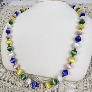 Vtg 90's Rainbow Moon Glow Cats Eye Beaded Choker Necklace .925 Sterling Silver